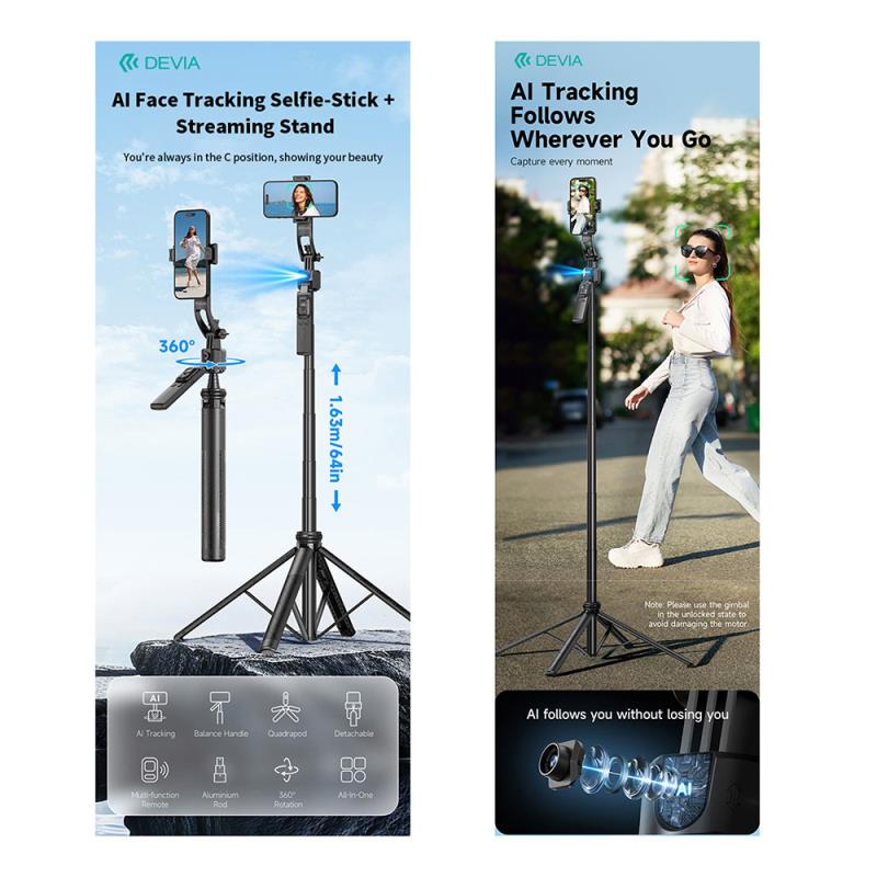 Ασύρματο Selfie Stick & Τρίποδο Devia ES086 C17 με AI Face Tracking για Smartphones Πλάτους 65 έως 95mm Μαύρο