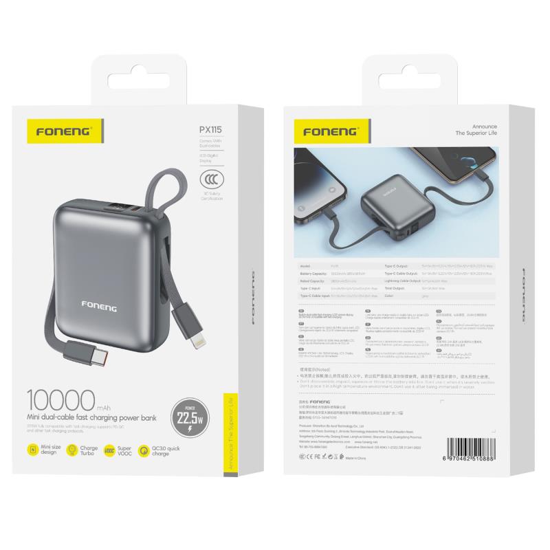 Φορτιστής Ανάγκης Foneng PX115 22.5W 10000mAh PD Mini με 2 Ενσωματωμένα Καλώδια Σκούρο Γκρι