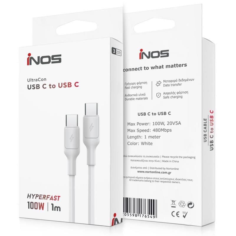 Καλώδιο Σύνδεσης USB 2.0 inos UltraCon USB C σε USB C 100W 1m Λευκό