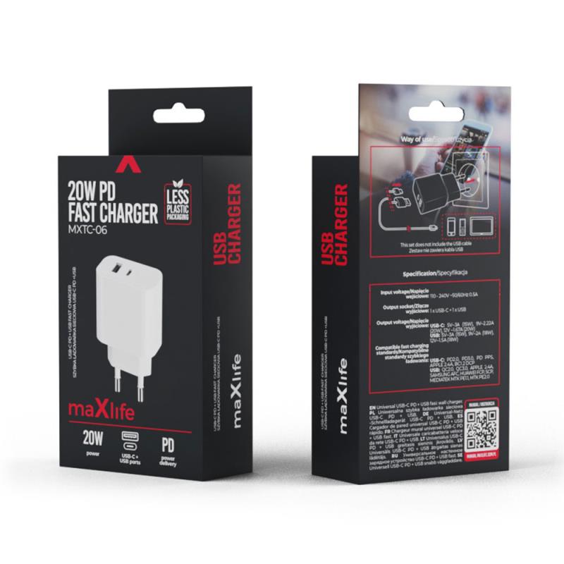 Φορτιστής Ταξιδίου Ταχείας Φόρτισης Maxlife MXTC-06 με Διπλή Έξοδο USB A & USB C PD QC 20W Λευκό