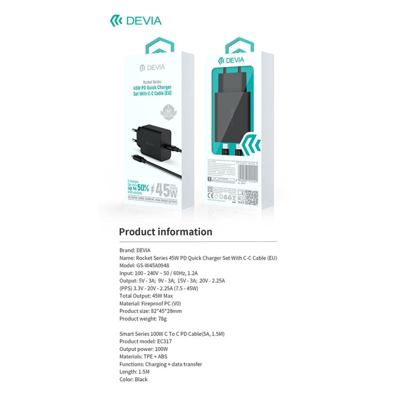 Φορτιστής Ταξιδίου Ταχείας Φόρτισης Devia GS-W45A0948 Rocket με Έξοδο USB C PD 45W & Καλώδιο USB C σε USB C 1.5m Smart Μαύρο