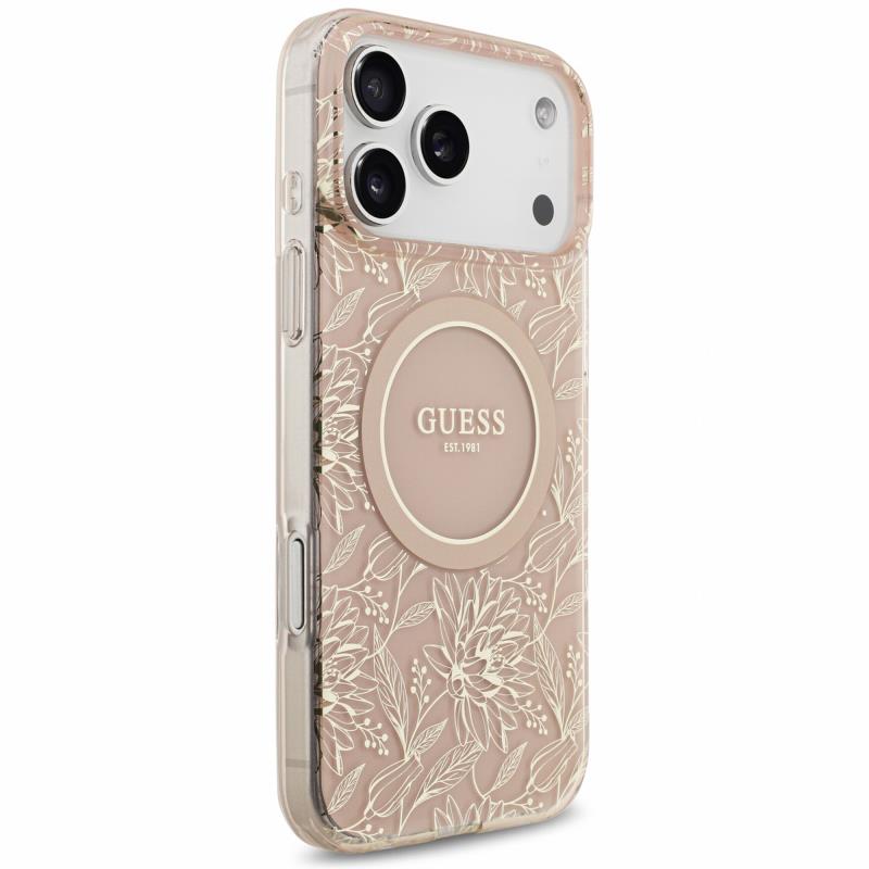 Θήκη PU/ Silicon Guess Magsafe Apple iPhone 18 Pro Max/ 17 Pro Max IML Flowers με Pearl Strap Ροζ
