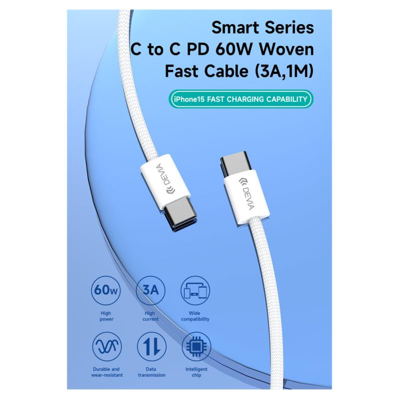 Καλώδιο Σύνδεσης USB 2.0 Devia EC325 Braided USB C σε USB C PD 60W 1m Smart Λευκό