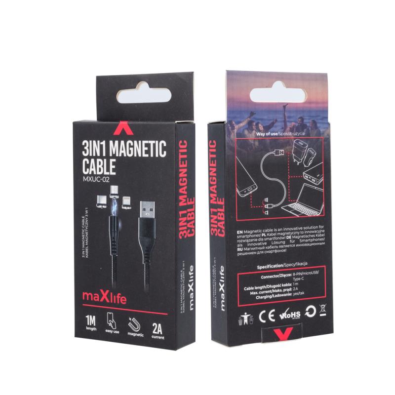 Καλώδιο Σύνδεσης USB 2.0 Maxlife MXUC-02 Magnetic Braided USB A σε Lightning & USB C & Micro USB 10W 1m Μαύρο